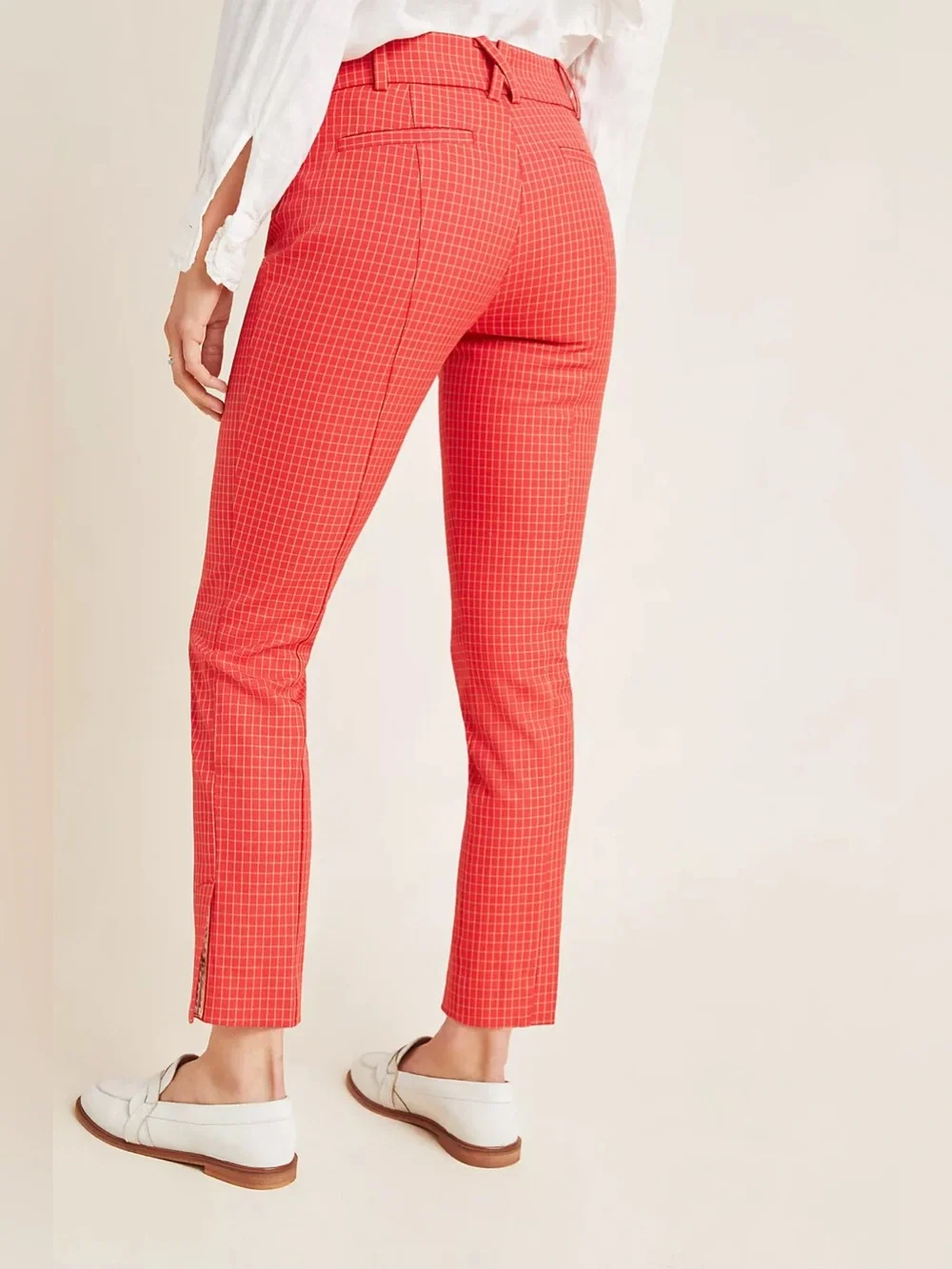Anthropologie The Essential Slim Pants Size 6 Red Gingham Plaid Grid Pattern